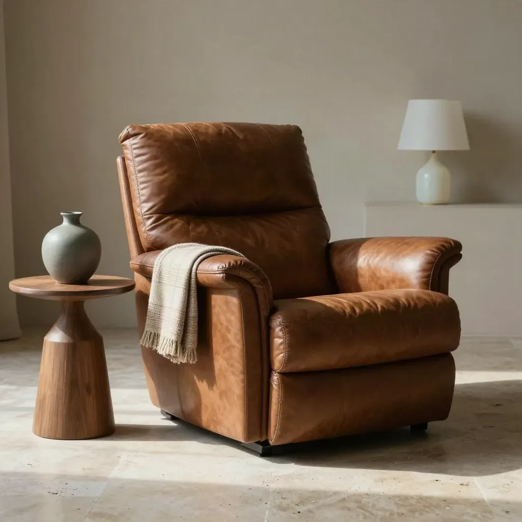 Poltrona relax in pelle moka con tavolino in rovere, plaid e lampada in luce calda di rientro.