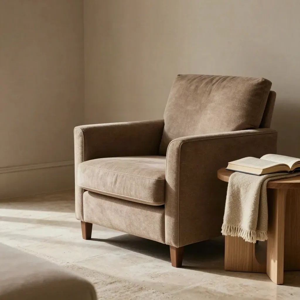 Poltrona in tessuto nocciola con pouf e tavolino in legno chiaro in un salotto elegante.