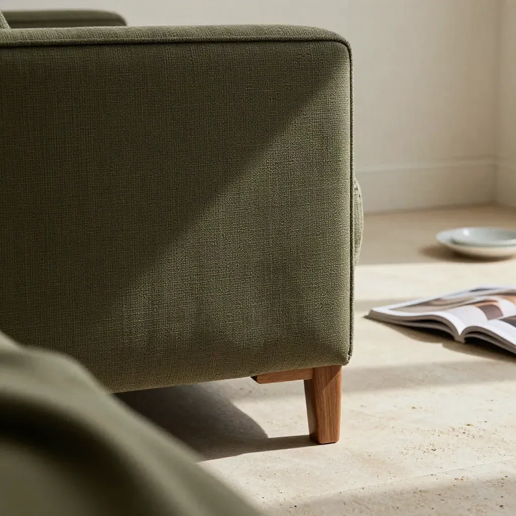 Dettaglio macro di poltrona oliva su pietra chiara con piedi in rovere, plaid e rivista chiusa.