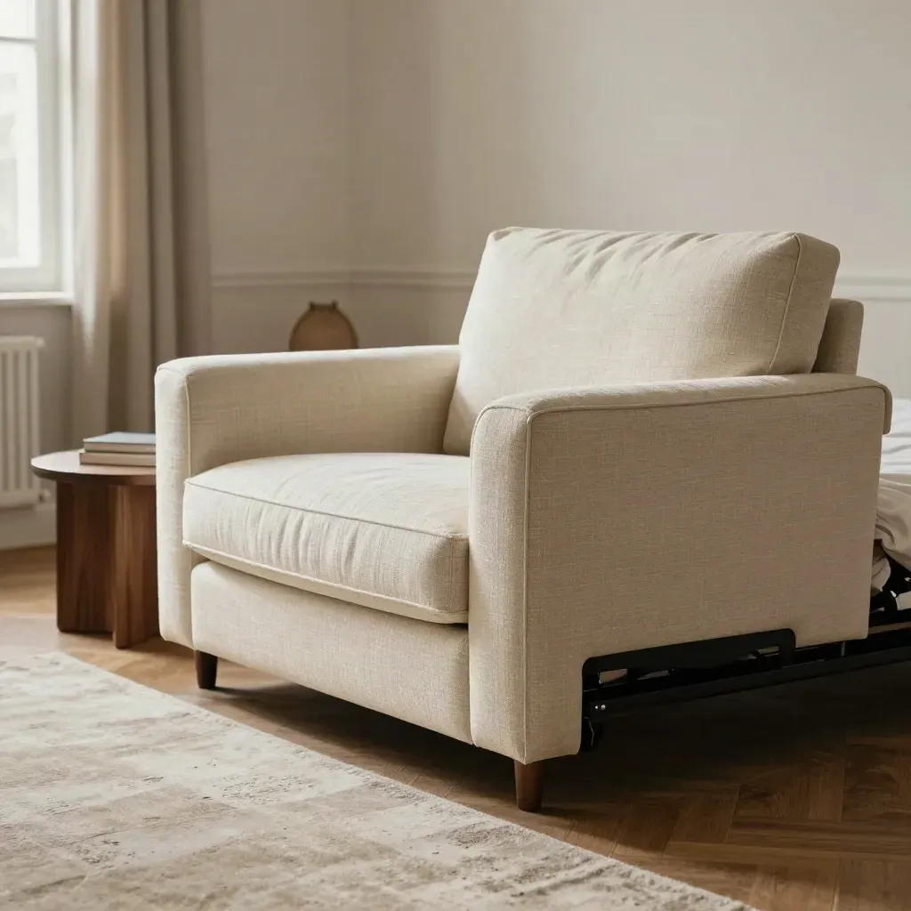 Poltrona letto crema semiaperta in soggiorno elegante con plaid e tavolino basso