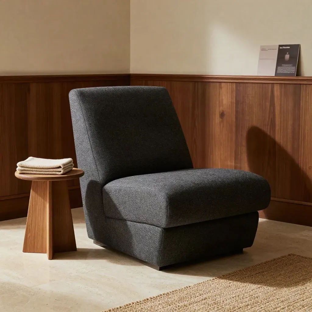 Poltrona alta in tessuto carbone con tavolino in rovere in un angolo showroom elegante.