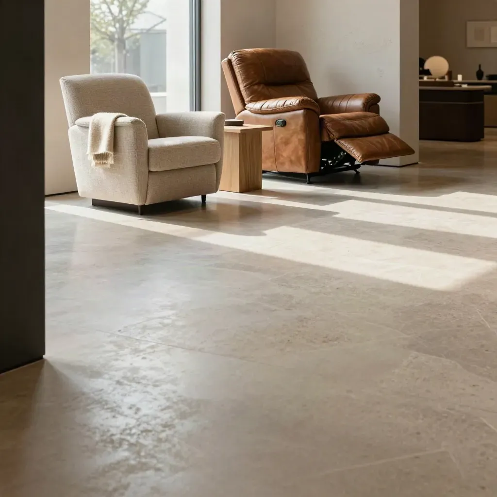 Showroom di poltrone relax in stucco avorio, luce mattutina e pavimento diagonale.