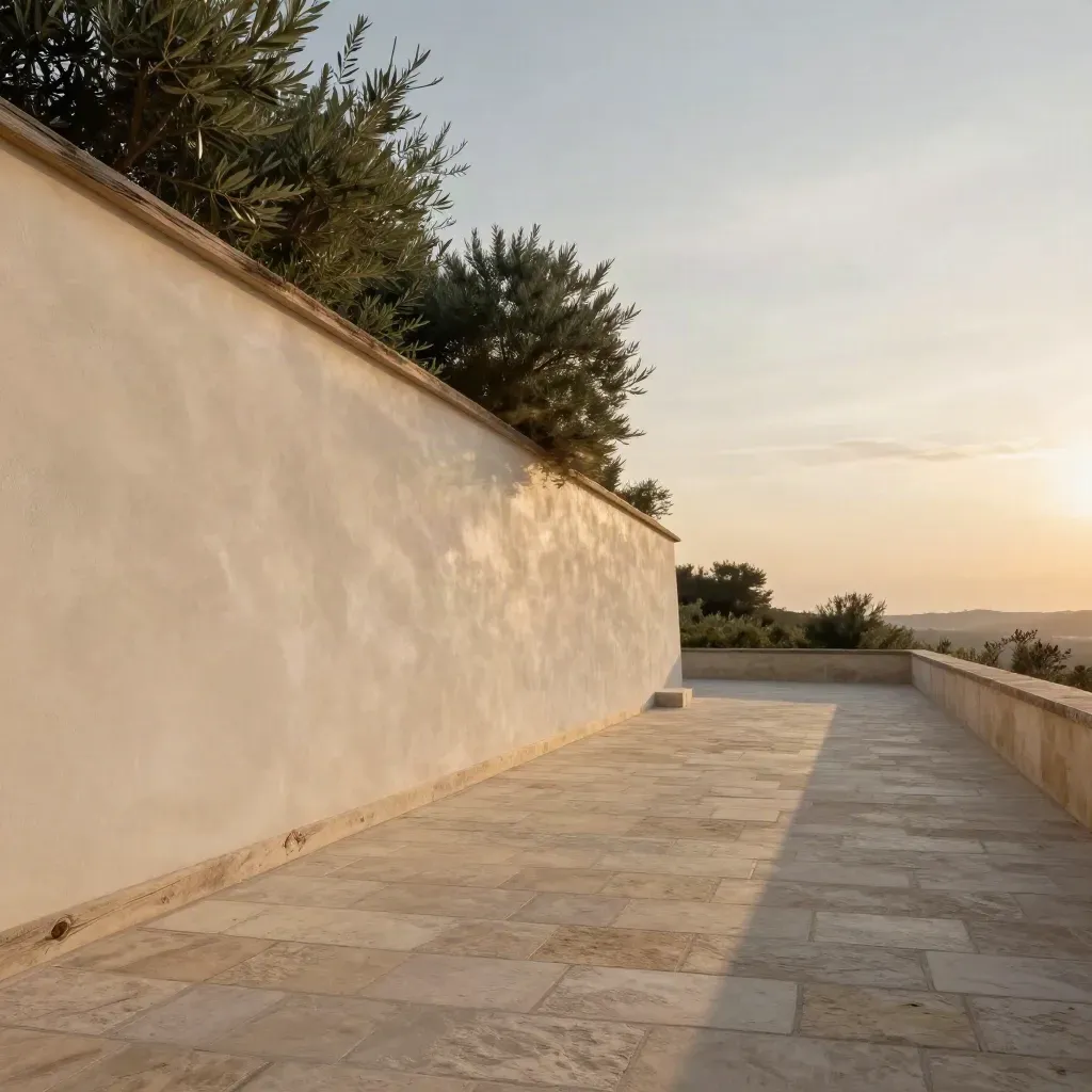 Terrazza collinare con muro chiaro, ulivi sfocati e cielo velato al tramonto.