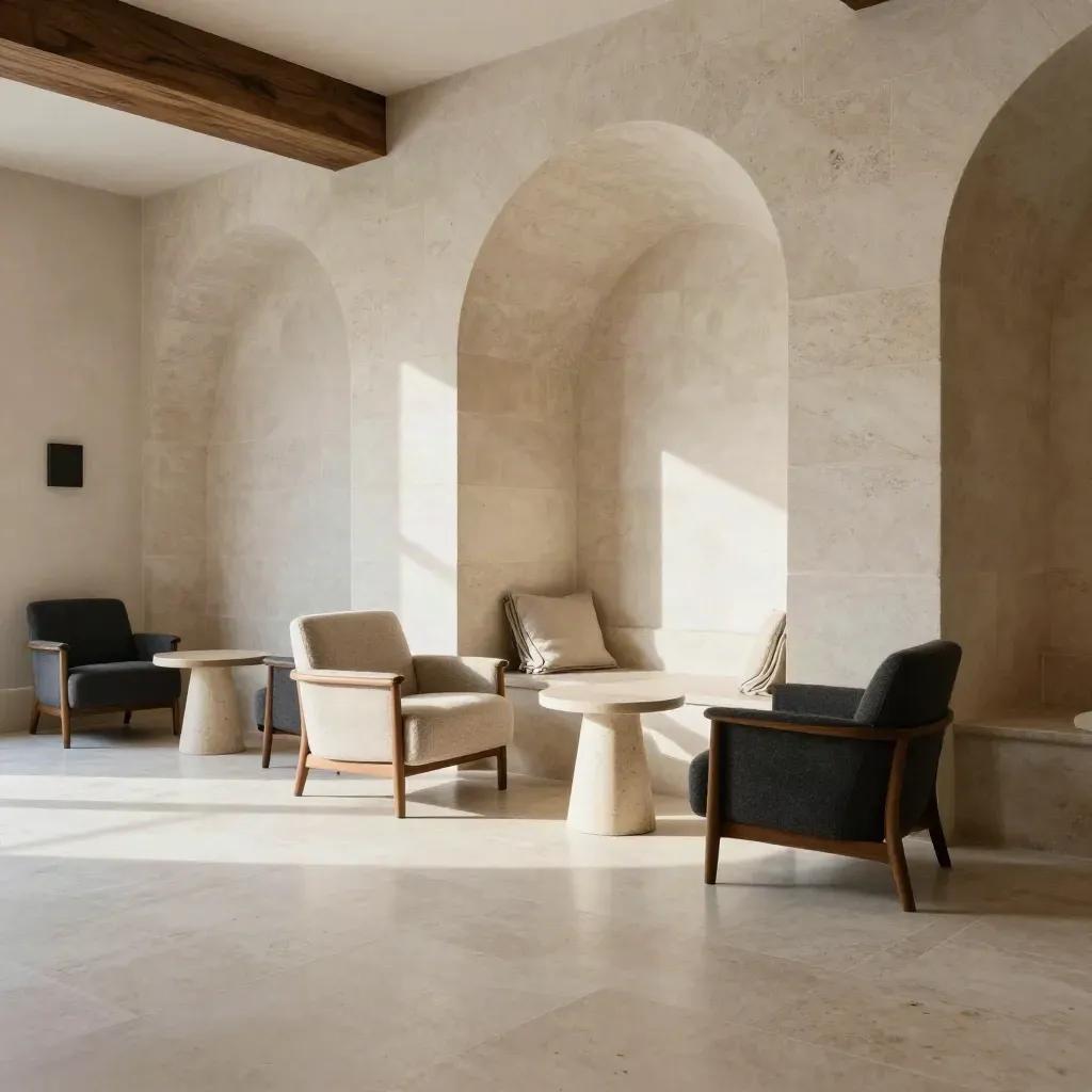 Salone d’albergo con poltrone da lettura, arco alto in pietra e luce laterale calda.